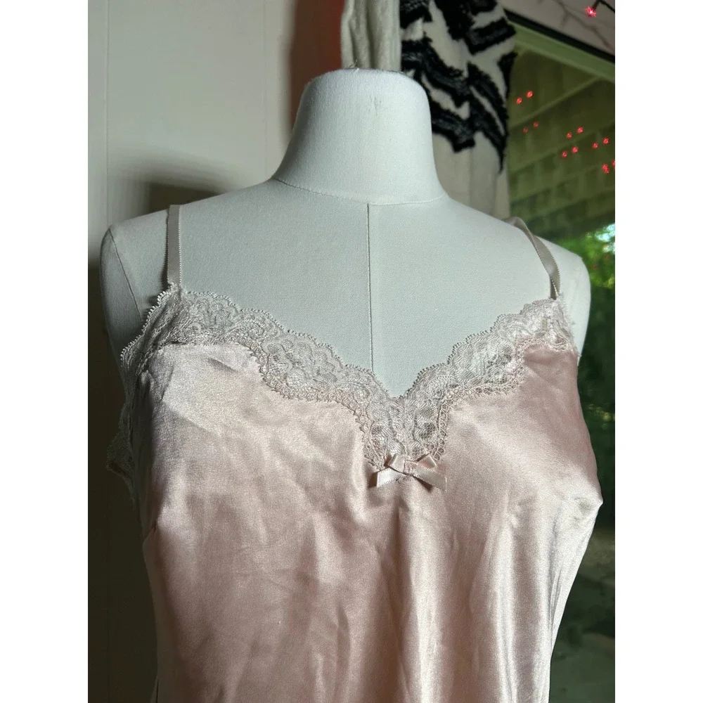 Victorias Secret Satin Lace Trim Slip Dress Pink Mini Chemise M Coquette Bridal